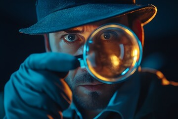 a man wearing a hat examining something with a magnifying glass.