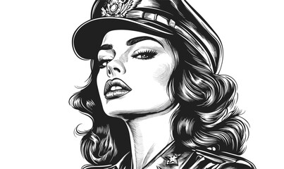 Military woman portrait in hat, bold and expressive linear icons set vector.