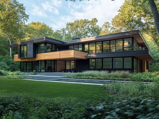 Obraz premium Modern Luxury Home: Architectural beauty and luxurious design, this modern home boasts sleek lines and expansive windows, harmoniously blending nature. 