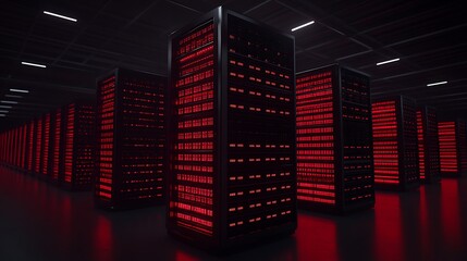 Red Lit Data Center with Server Racks Creating a Futuristic Technology Environment
