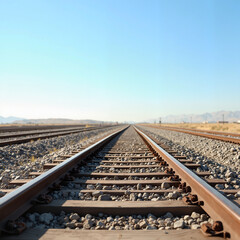 Fototapeta premium Straight Railway Tracks Surrounded by Gravel and Sleepers Under Blue Sky