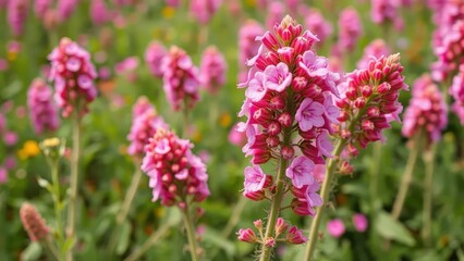 Obraz premium blooming pink flowers on thorny spiked veronica plants, floral field, blossom
