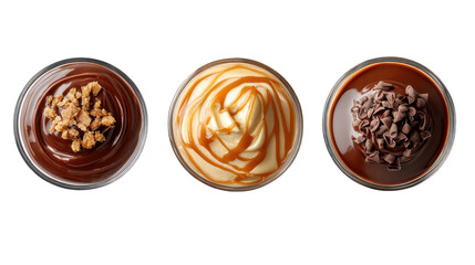 Set of chocolate topping and caramel sauce, top view --ar 16:9