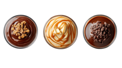 Set of chocolate topping and caramel sauce, top view --ar 16:9