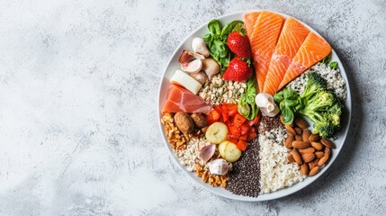 Healthy food pie chart isolated on white background. Food sources of carbohydrates, proteins and fats in proper proportions for diet, healthy eating and nutrition planning. Top view