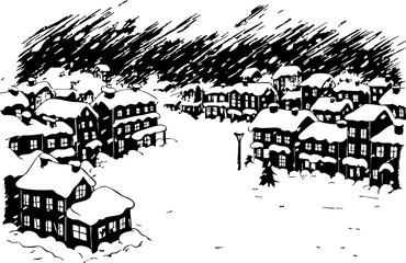 Obraz premium Snowy village scene winter wonderland illustration serene environment aerial view cozy atmosphere for seasonal cheer