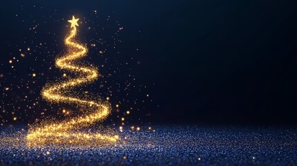 Obraz premium Golden glowing abstract Christmas tree made of swirling lights, symbolizing holiday spirit, festive season, and magical winter celebrations.
