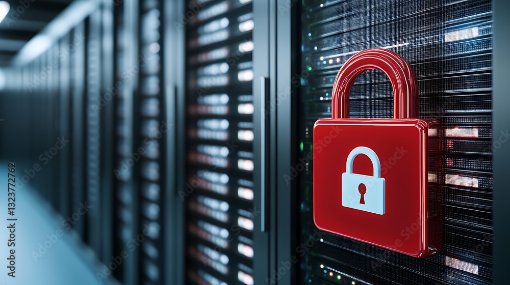 Poster red padlock symbolizing data security on server background in a modern data center environment