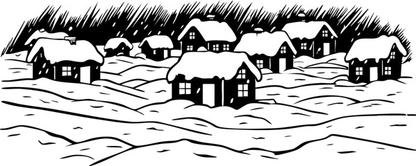 Obraz premium Winter wonderland snow-covered houses in a quiet village illustration serene atmosphere artistic viewpoint