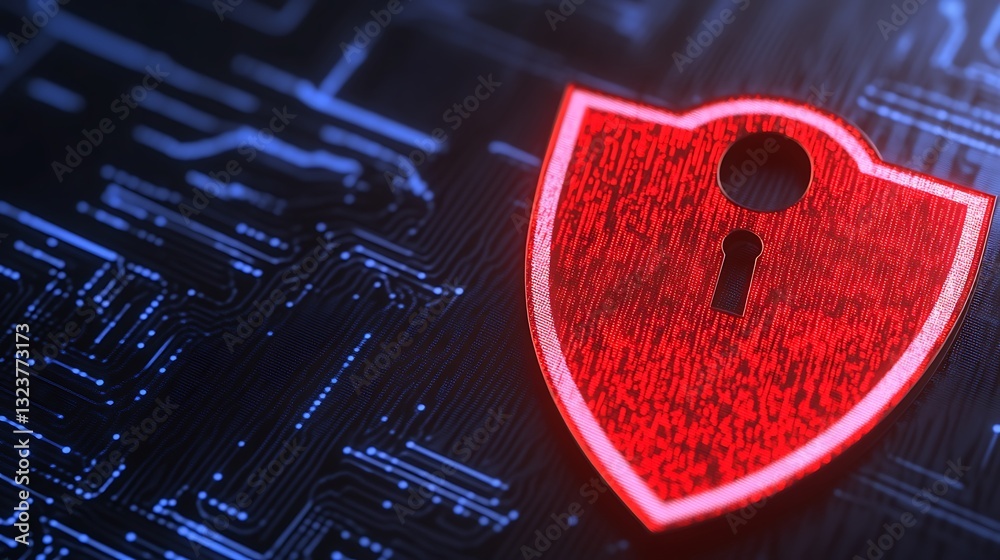 Poster red security shield icon on circuit board background representing cybersecurity and data protection 