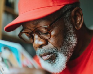 Nostalgic Collectors Passion Mature Black Enthusiast Exploring Vintage Trading Cards with Focused Mindfulness - Retro Hobby Cultural Heritage