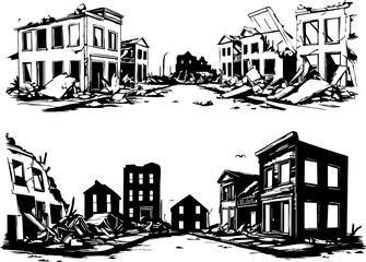 Destruction after earthquake abandoned city streets black and white illustration urban environment wide view post-disaster concept