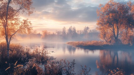 Obraz premium A mist-laden river at dawn reflects autumn hues, enveloped in tranquility and timeless beauty.