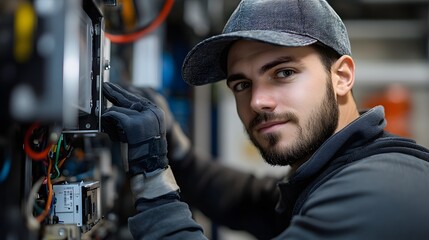 a technician or engineer working on electrical panel, a close-up shot