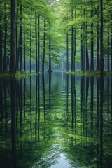 Serene Forest Reflections in Calm Lake