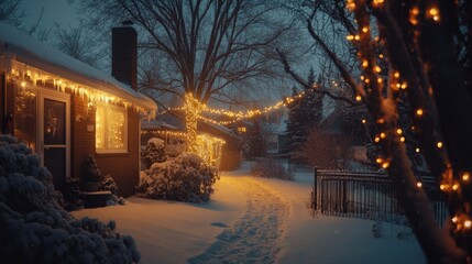 A cozy house adorned with glowing lights, nestled in snow, emitting warmth and festive charm on a tranquil winter evening.
