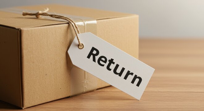A close-up shot of a cardboard shipping box with a white Return tag attached by a twine string