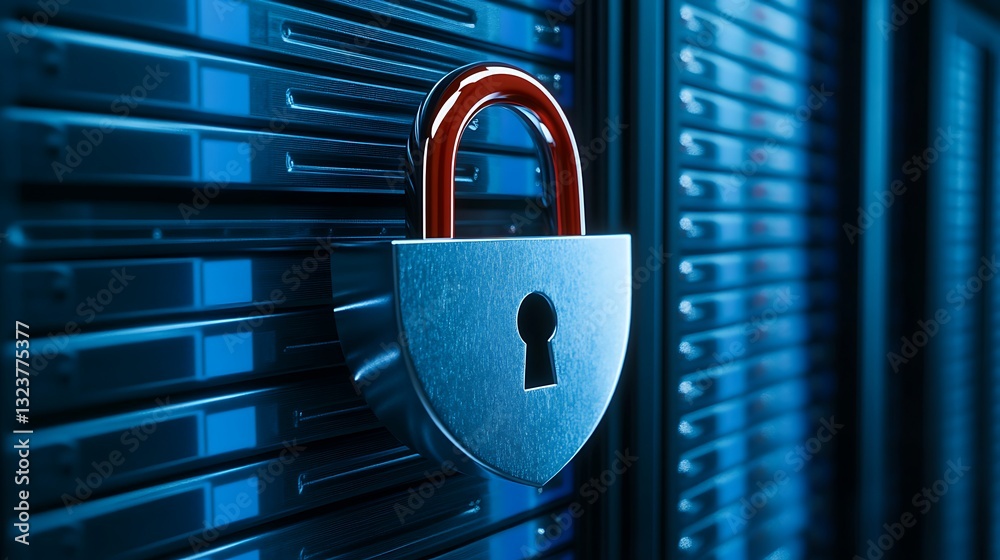Poster secure digital storage with lock and data server background for cybersecurity concept and protection