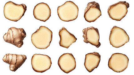 Set of ginger root slices, top view --ar 16:9