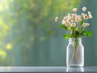 A serene arrangement of delicate white flowers in a glass jar, set against a soft, blurred green background.
