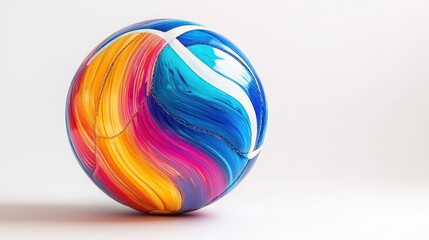 A vibrant volleyball, its surface adorned with a kaleidoscope of colors, rested proudly against a pristine white backdrop, emphasizing its unique design and patterns.