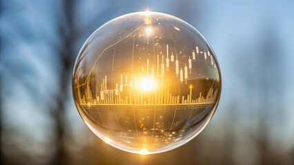financial success freedom mindset concept. A bubble reflecting a financial graph and sunlight in a natural setting.