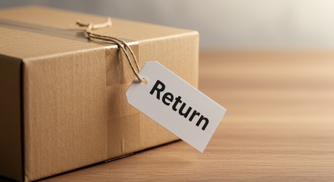 A close-up shot of a cardboard shipping box with a white Return tag attached by a twine string