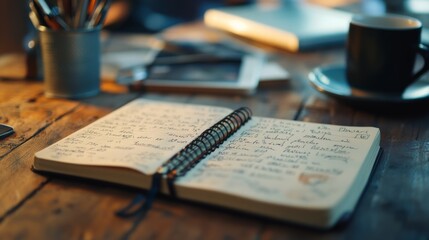 Obraz premium An open journal on a wooden desk, surrounded by a warm, cozy ambiance, inviting creative writing and deep thoughts.