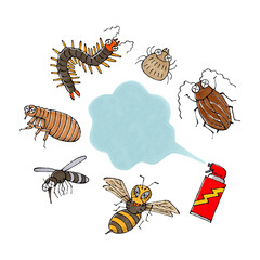 噴射する殺虫剤スプレーと害虫(ゴキブリ、ダニ、ムカデ、ノミ、蚊、スズメバチ)