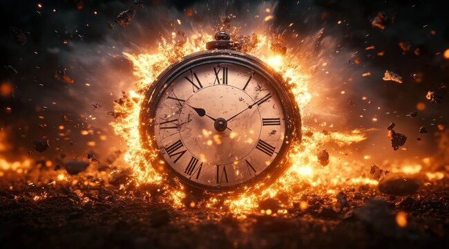 Exploding Vintage Clock in Cosmic Fire and Debris