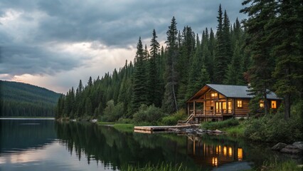 Cozy log cabin illuminated warmly by the lakeside, surrounded by tall evergreen trees and a misty, calm atmosphere