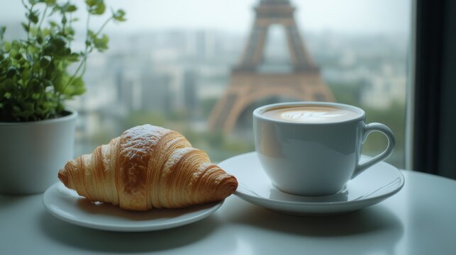 A classic Parisian breakfast of a croissant and coffee against the backdrop of the Eiffel Tower, blending elegance with a sense of daily ritual.