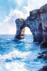 Naklejka premium Rocky Ocean Arch with Gentle Waves and Soft Blue Sky Watercolor Painting