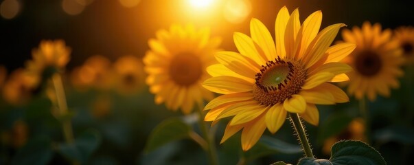 Golden sunflower blooms in darkness, radiating warmth and light, nature, abstract, floral