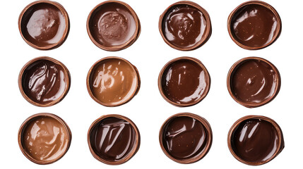 Set of melted chocolate topping, top view --ar 16:9