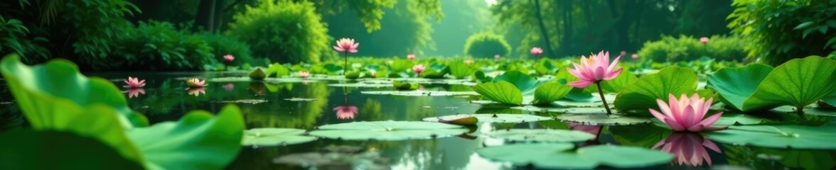 Lush greenery amidst water lilies and lotus flowers, green landscape, reservoir, water lilies