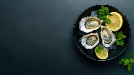 Fresh Oysters on Ice with Lemon Slices and Fresh Herbs Served in a Black Plate, Perfect for Seafood Lovers and Special Occasions