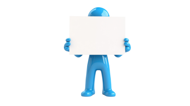 a simple stylized figure in blue holds a blank card isolated on white background