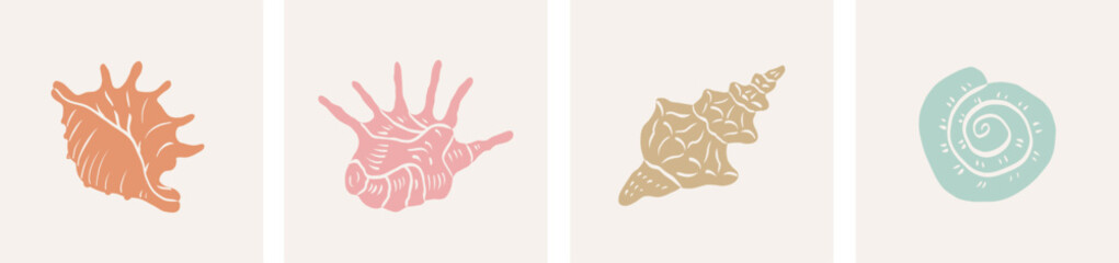 Set of background with hand drawn seashells in pastel colors. Minimalist vintage marine prints. Summer coastal design elements for trendy poster, invitation, banner, menu cover. Tropical beach shells.