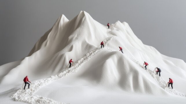 Tiny climbers in red scale a snow peak, highlighting an adventurous spirit and the grandeur of nature in a whimsical miniature setting.