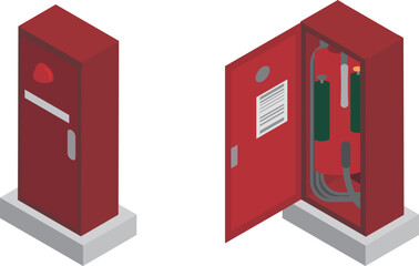 アイソメトリックな移動式粉末消火設備をイメージしたイラストセット
