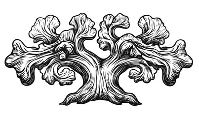 Fototapeta premium Ornate tree with swirling branches in black and white, flat icons set, vector.