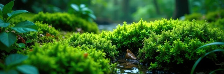 Lush green mossy wet algae texture in jungle background, organic, jungle, natural