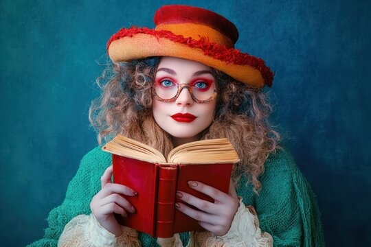 Whimsical Eccentric Vintage Drag Queen Portrait with Books and Red Cup