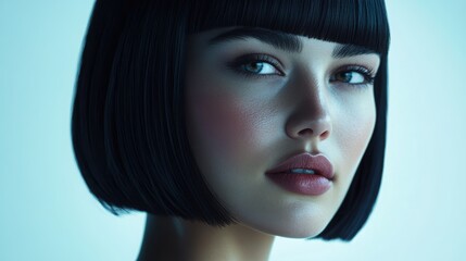 Captivating Gaze: A close-up portrait of a beautiful woman with striking features. Her dark bob haircut frames a face with subtle makeup.