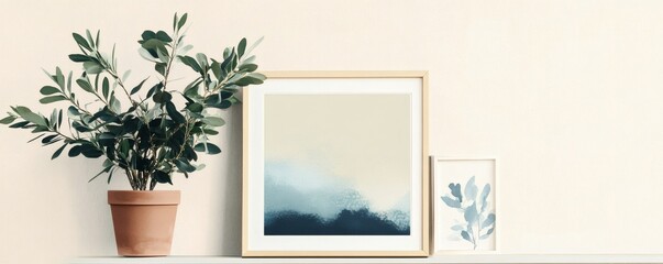 Fototapeta premium A plant sits beside framed abstract artwork on a shelf