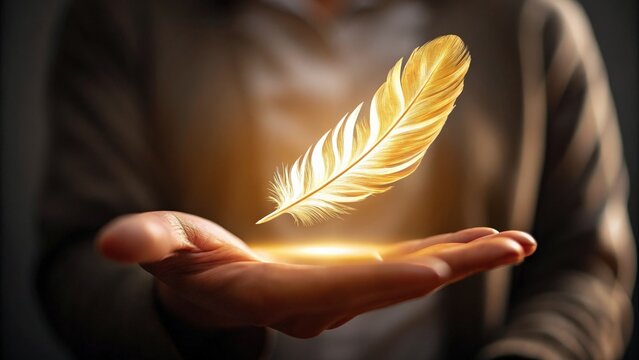 financial success freedom mindset concept. A hand holding a glowing golden feather in a dark environment.