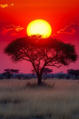 A photo of an endless savanna under a deep red sunset