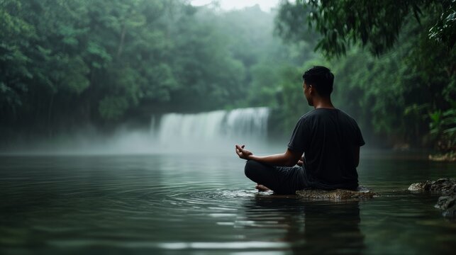 A man meditates at a river's edge, surrounded by lush greenery and the gentle noise of a waterfall, creating a scene of relaxation and balance.