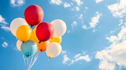 Colorful balloons floating in a blue sky